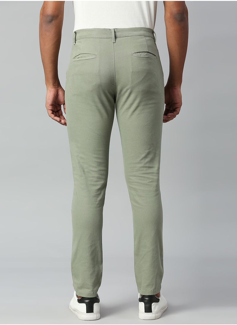 Men's Tapered Fit Sage Cotton Chinos - Mid-Rise, Full Length, Button & Zip Closure,