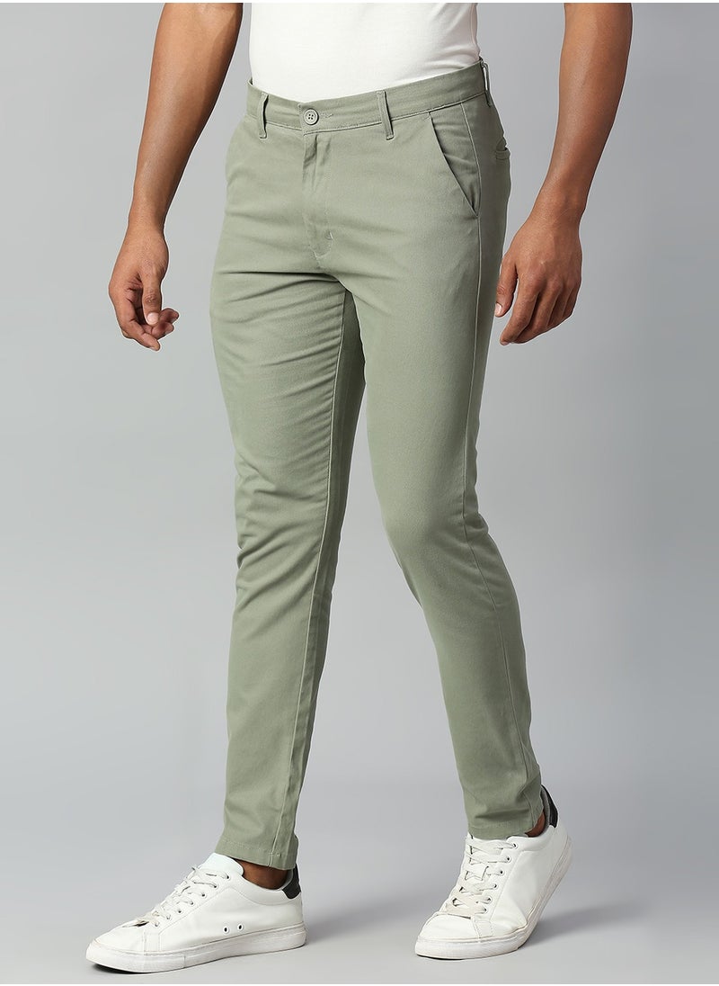 Men's Tapered Fit Sage Cotton Chinos - Mid-Rise, Full Length, Button & Zip Closure,
