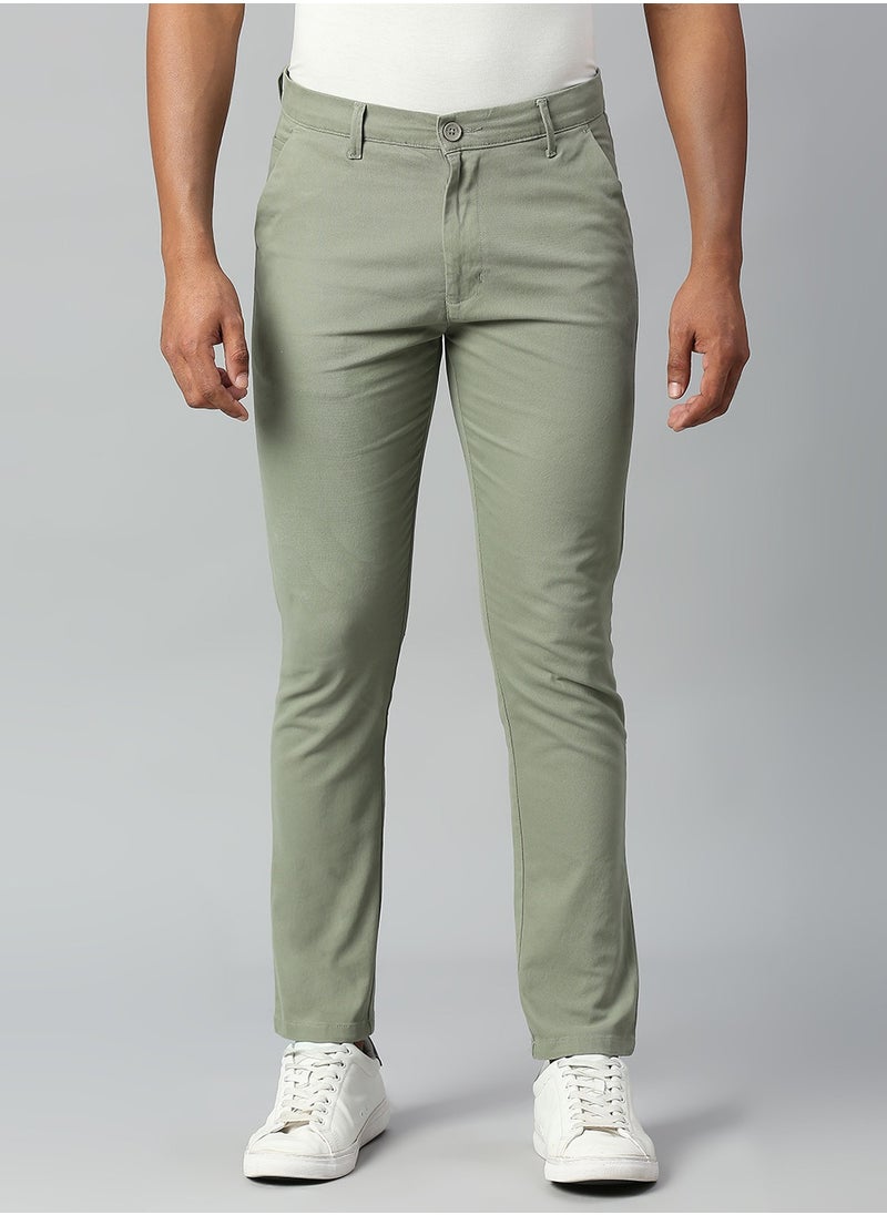 Men's Tapered Fit Sage Cotton Chinos - Mid-Rise, Full Length, Button & Zip Closure,