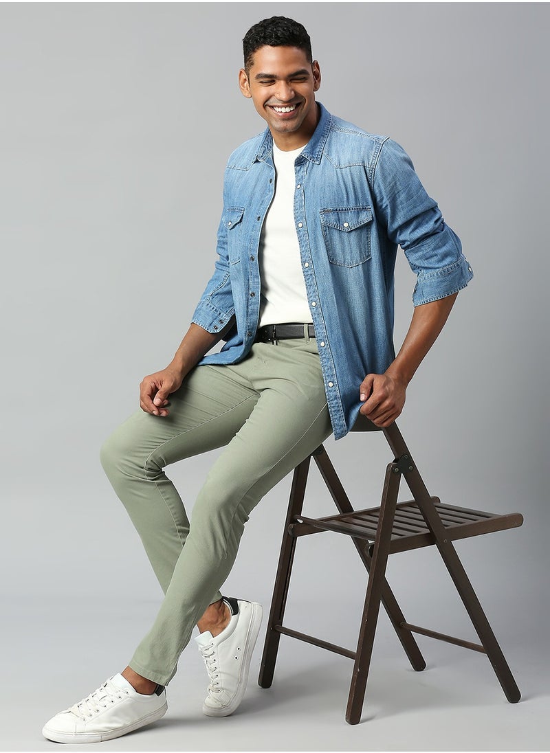 Men's Tapered Fit Sage Cotton Chinos - Mid-Rise, Full Length, Button & Zip Closure,