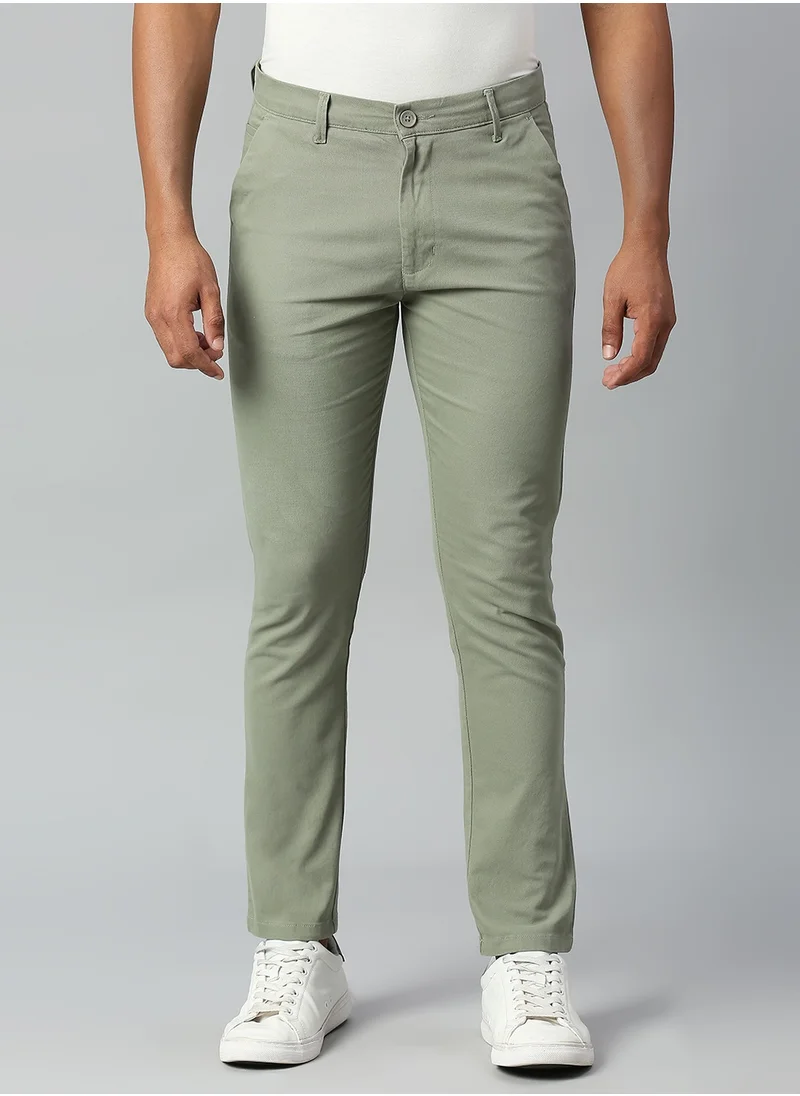 دينيس لينغو Men's Tapered Fit Sage Cotton Chinos - Mid-Rise, Full Length, Button & Zip Closure