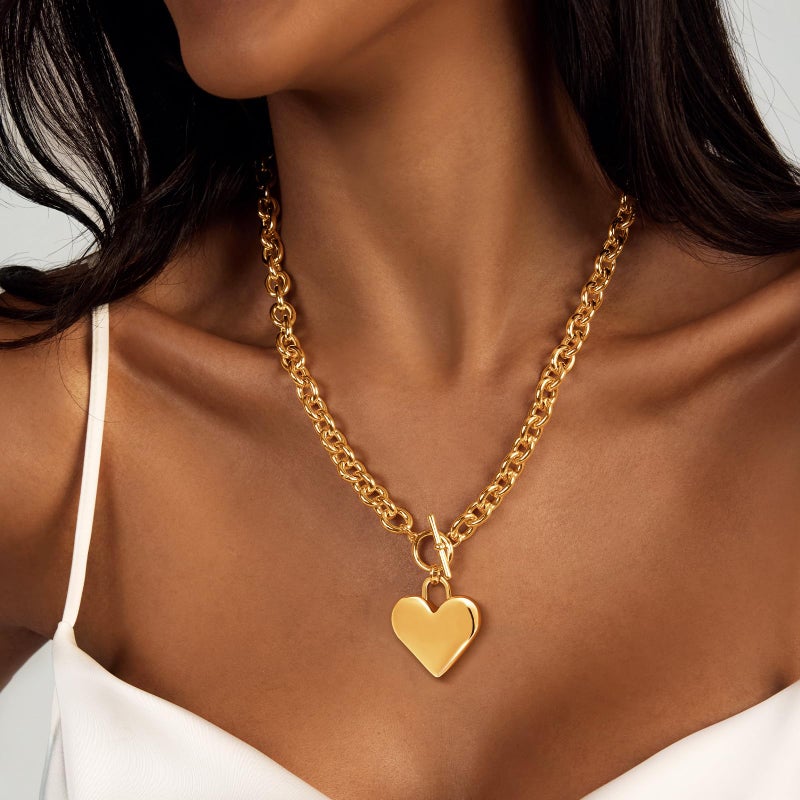 Zeffy Chunky Heart Necklace for Women Statement Heart Pendant Necklace 14K Gold Chunky Thick Chain Link Vintage Toggle Clasp Jewelry Gifts - Image 4