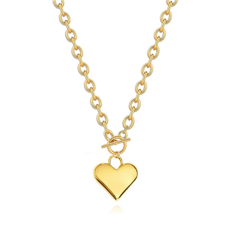 Zeffy Chunky Heart Necklace for Women Statement Heart Pendant Necklace 14K Gold Chunky Thick Chain Link Vintage Toggle Clasp Jewelry Gifts - Image 1