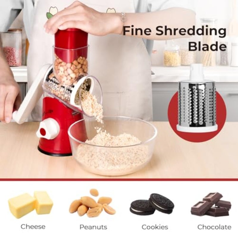 Rotary Cheese Grater Kitchen Mandoline Vegetables Slicer Cheese Shder with Rubber Suction Base, 3 Stainless Drum Blades Included, Easy to Use and Clean - Image 4