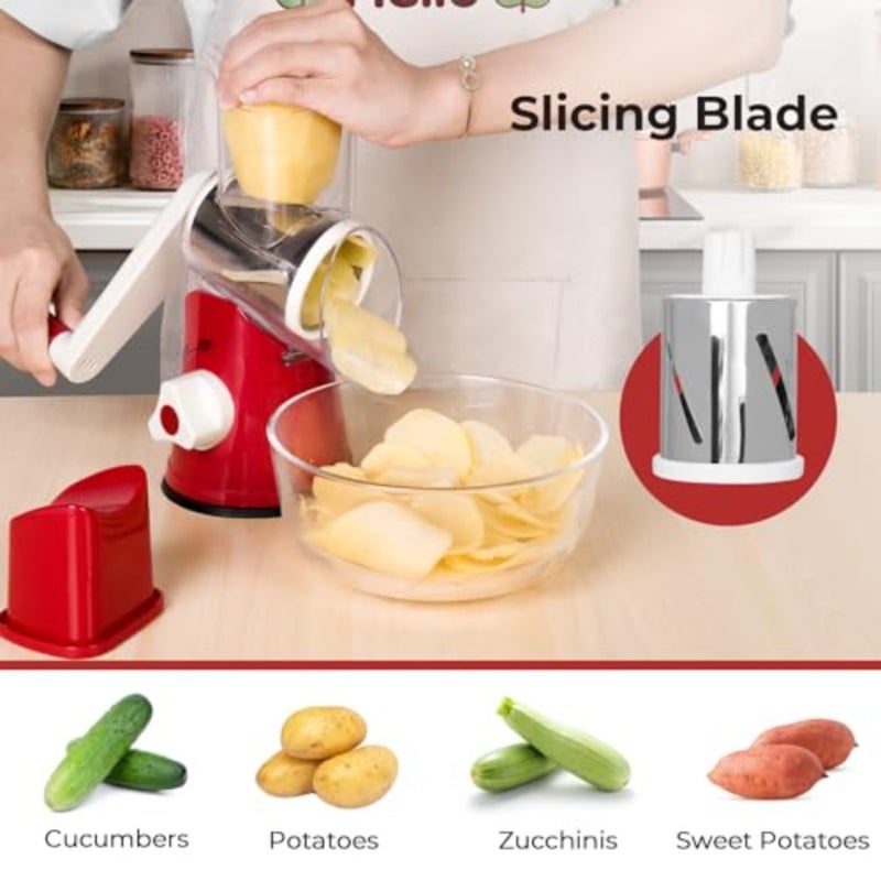 Rotary Cheese Grater Kitchen Mandoline Vegetables Slicer Cheese Shder with Rubber Suction Base, 3 Stainless Drum Blades Included, Easy to Use and Clean - Image 3