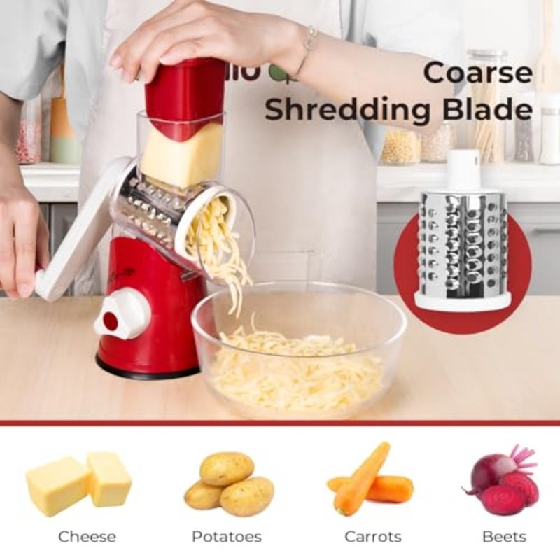 Rotary Cheese Grater Kitchen Mandoline Vegetables Slicer Cheese Shder with Rubber Suction Base, 3 Stainless Drum Blades Included, Easy to Use and Clean - Image 2