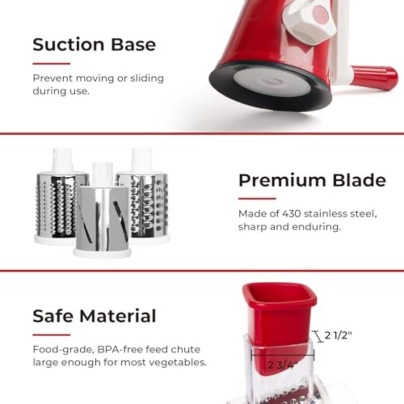 Rotary Cheese Grater Kitchen Mandoline Vegetables Slicer Cheese Shder with Rubber Suction Base, 3 Stainless Drum Blades Included, Easy to Use and Clean - Image 5