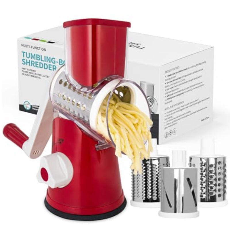 Rotary Cheese Grater Kitchen Mandoline Vegetables Slicer Cheese Shder with Rubber Suction Base, 3 Stainless Drum Blades Included, Easy to Use and Clean - Image 1