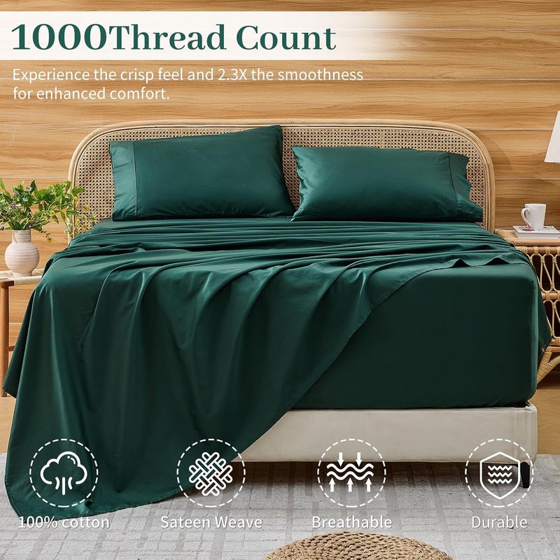 Bedlifes Deep Pocket Sheets 18-24 Inch, California King Size Egyptian Cotton 1000 Thread Count, 4-Piece - Fits Extra Thick Mattresses, Cooling & Breathable (Dark Green) - Image 2