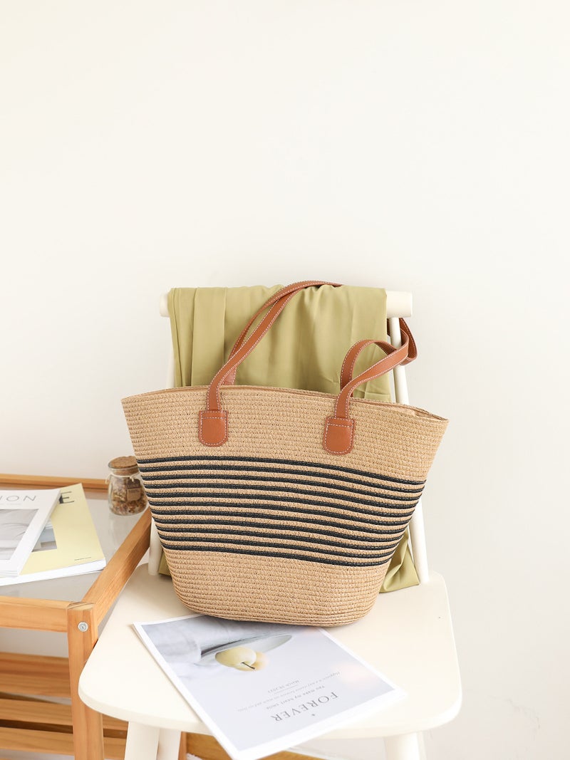 Summer All-Match Single-Shoulder Simple Striped Straw Woven Bag Casual Large Capacity Underarm Woven Bag Lazy Style Women'S Tote Bag - Image 2