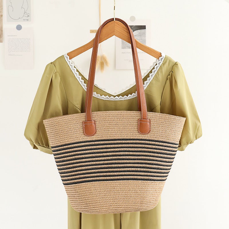 Summer All-Match Single-Shoulder Simple Striped Straw Woven Bag Casual Large Capacity Underarm Woven Bag Lazy Style Women'S Tote Bag - Image 1