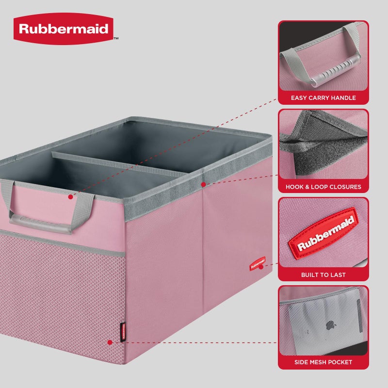 Rubbermaid Car Organizer, Collapsible Trunk Organizer, Multi-Compartment Car Storage Organization for Car Accessories, 2 Compartments With Cover, 21.65"*14.17"*12.2" - Pink - Image 3