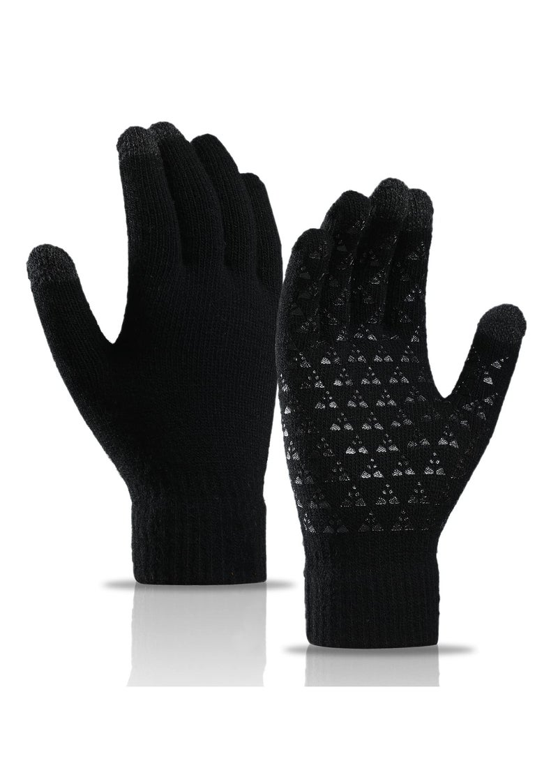 2 Pairs of Winter Knit Gloves, Warm Full Fingers for Men and Women, Upgraded Touch Screen Anti-Slip Fleece Lined Gloves for Winter Outdoor Sports, 21x11CM (Black)  - Image 1