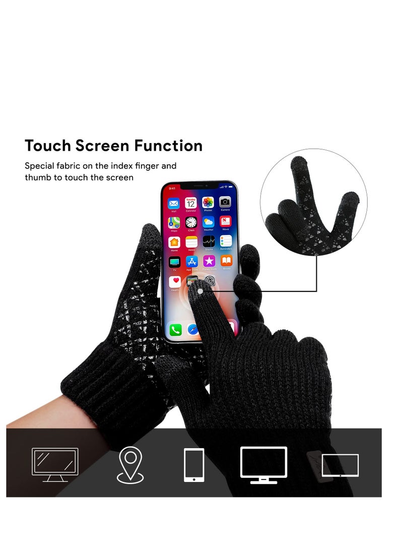 2 Pairs of Winter Knit Gloves, Warm Full Fingers for Men and Women, Upgraded Touch Screen Anti-Slip Fleece Lined Gloves for Winter Outdoor Sports, 21x11CM (Black)  - Image 2