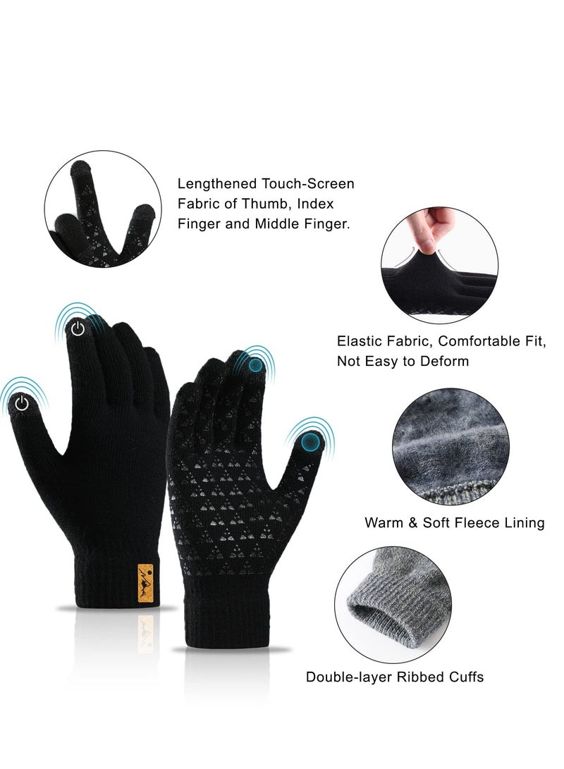 2 Pairs of Winter Knit Gloves, Warm Full Fingers for Men and Women, Upgraded Touch Screen Anti-Slip Fleece Lined Gloves for Winter Outdoor Sports, 21x11CM (Black)  - Image 5