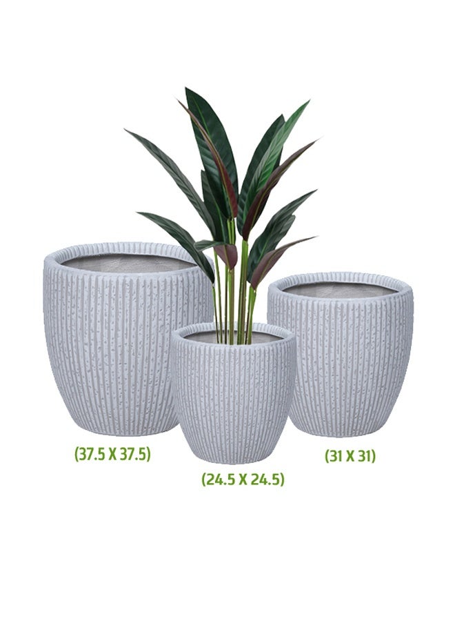 درامــــــا هوم  طقم 3 أحواض دائرية للنباتات من الفيبر – لون رمادي فاتح أنيق، تصميم عصري لتنسيق الأشجار الصناعية والنباتات المنزلية - Image 2