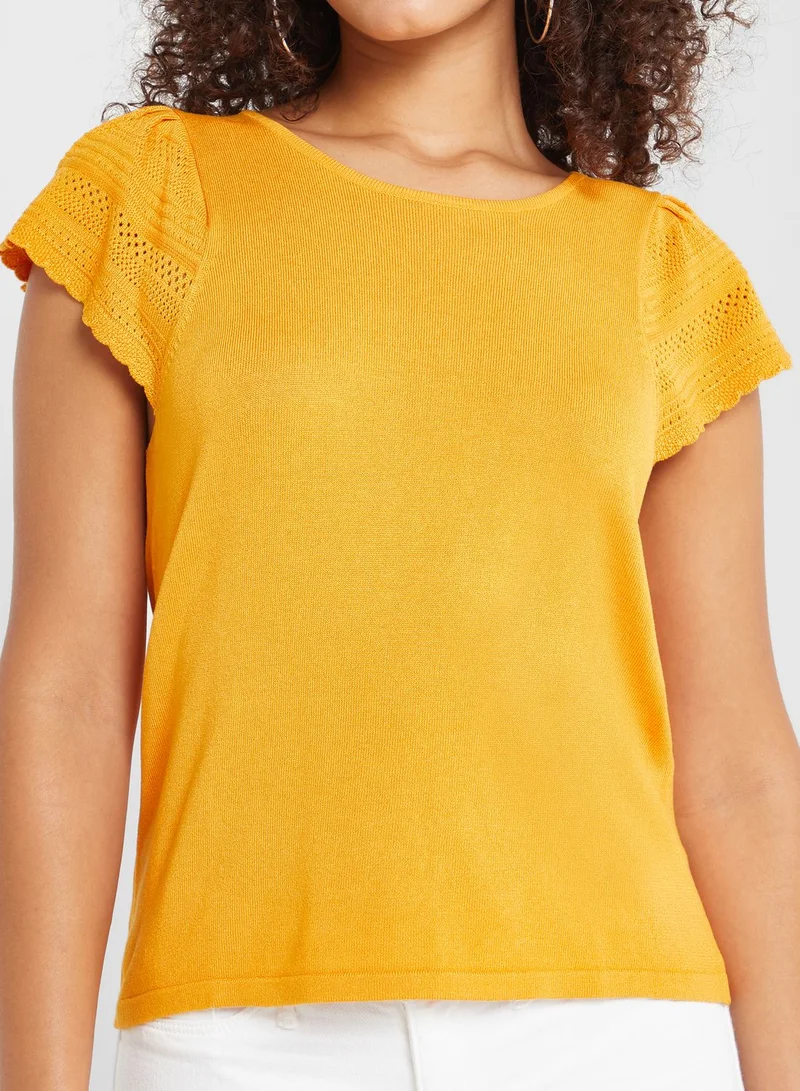 Jacqueline de Yong Round Neck Lettuce Sleeve Top