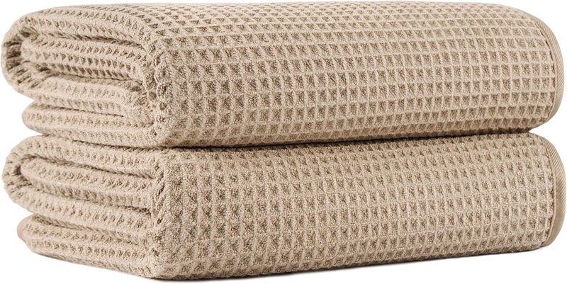 MICROFI New Microfiber Waffle Bath Towels, 2 Pieces, Oversized, Soft, Absorbent, Fast Drying, Lint Free (Beige) - Image 1