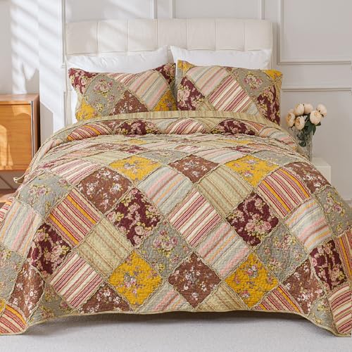 Cmfshape Floral Quilt Sets Bedspread Set 100% Cotton Patchwork Bedding Set, All Season Use Lightweight Reversible Coverlet Quilts with 2 Pillow Shams(Queen 92"x96") - Image 2