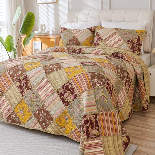 Cmfshape Floral Quilt Sets Bedspread Set 100% Cotton Patchwork Bedding Set, All Season Use Lightweight Reversible Coverlet Quilts with 2 Pillow Shams(Queen 92"x96") - Image 3