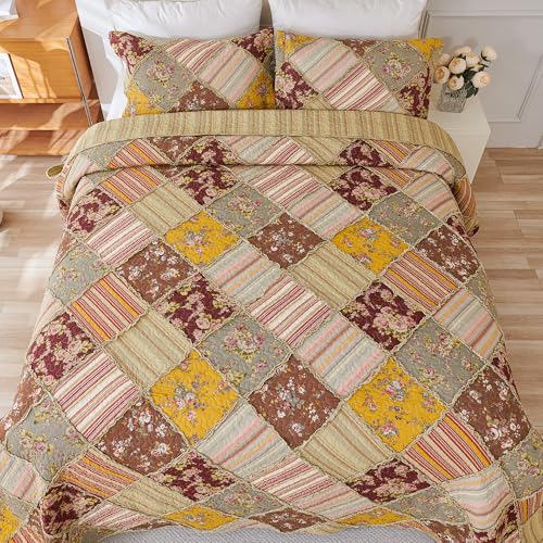 Cmfshape Floral Quilt Sets Bedspread Set 100% Cotton Patchwork Bedding Set, All Season Use Lightweight Reversible Coverlet Quilts with 2 Pillow Shams(Queen 92"x96") - Image 4