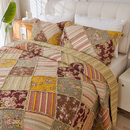 Cmfshape Floral Quilt Sets Bedspread Set 100% Cotton Patchwork Bedding Set, All Season Use Lightweight Reversible Coverlet Quilts with 2 Pillow Shams(Queen 92"x96") - Image 1