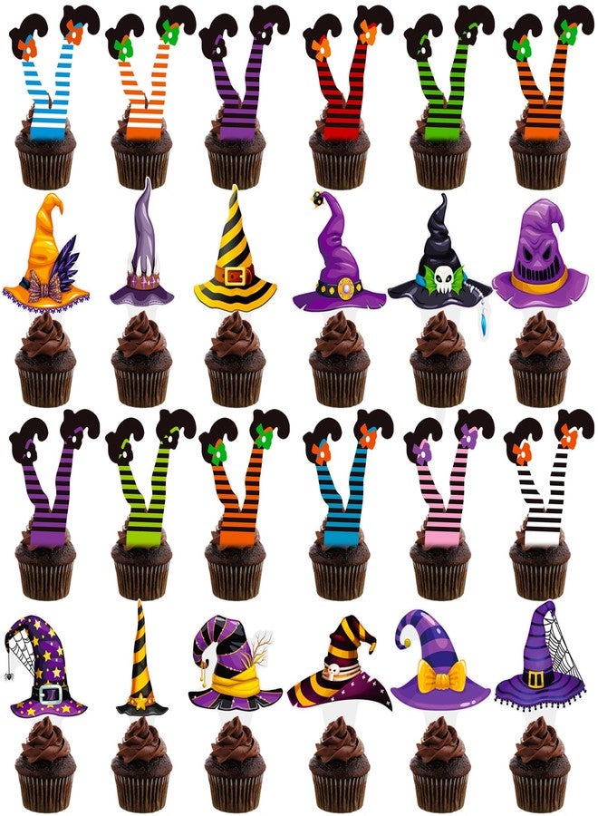 umoni Halloween Party Decorations Witch Hat and Legs Cupcake Toppers 48PCS Witch Stocking Theme Cake Decorations Fantasy Hats Shoes Cupcake Picks for Magic Wizard Birthday Baby Shower Party Supplies - Image 1