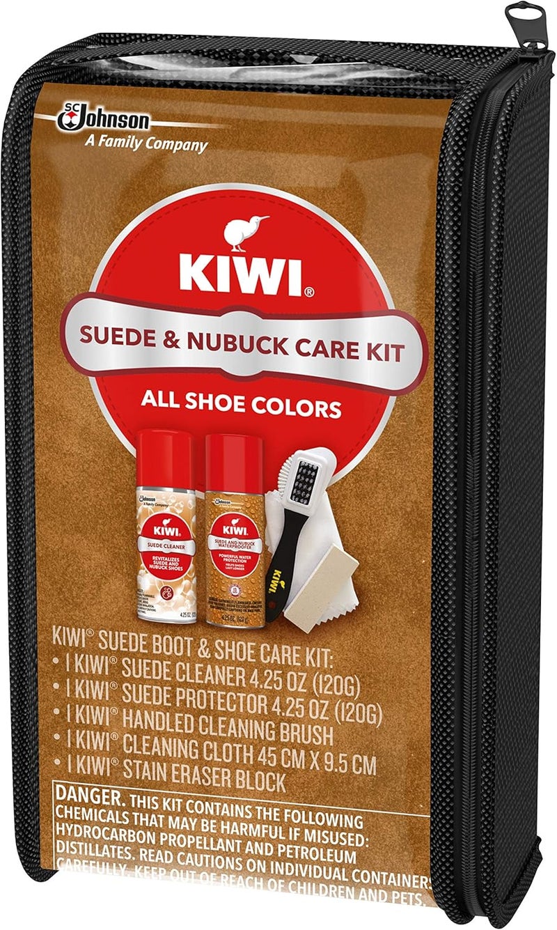 Kiwi طقم منظف الأحذية من الجلد المدبوغ والنوبوك | للأحذية، والأحذية الطويلة، وأكثر | يتضمن المنظف، والحامي، والفرشاة، والقماش، وكتلة الممحاة - Image 3