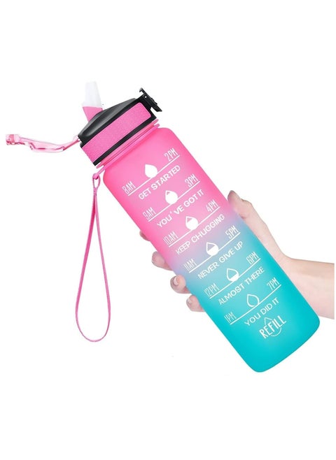 Sports Water Bottle Motivational Water Bottle with Time Marker and Straw Leakproof Water Bottles for Fitness Gym and Outdoor Sports Blue/Pink