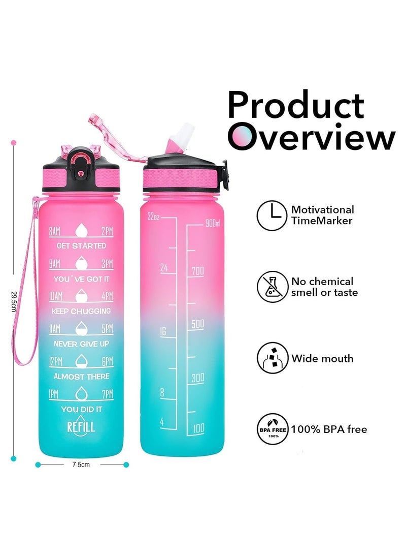 Sports Water Bottle Motivational Water Bottle with Time Marker and Straw Leakproof Water Bottles for Fitness Gym and Outdoor Sports Blue/Pink