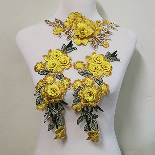FEEPOP 3 Pcs Beautiful Yellow Rose Flower Floral Collar Sew Patch Applique Badge Embroidery Dress Handmade Craft Ornament Fabric(Color G) - Image 1
