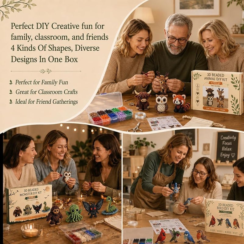 YADUO Tiny 3D Beaded Animal DIY Kit, Easy DIY Beading Embroidery Kit with 4 Cute Designs, Cute Bird & Animal Beading Craft Set, Handmade Bead Art Mosaic Kit for Adults,Beginners (Woodland Friends) - Image 4