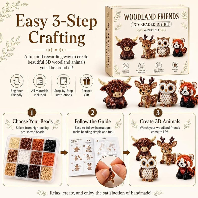 YADUO Tiny 3D Beaded Animal DIY Kit, Easy DIY Beading Embroidery Kit with 4 Cute Designs, Cute Bird & Animal Beading Craft Set, Handmade Bead Art Mosaic Kit for Adults,Beginners (Woodland Friends) - Image 2
