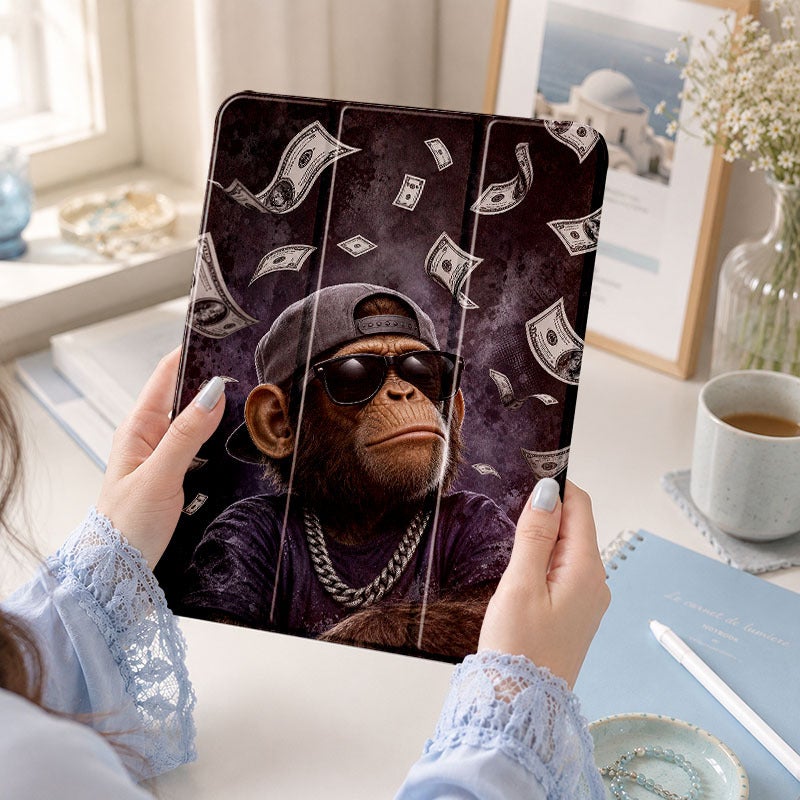 Tablet Case for iPad, Money Rain Monkey With Sunglasses, iPad Clear Case for Mini Air Pro 4 5 6 7 8 9 10 11 12, Suitable for 7.9 8.3 9.7 10.2 10.5 10.9 11 12.9 13 inch Lightweight Clear Protective with Stand - Image 1