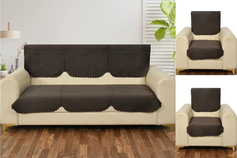 Castiqa Velvet Fabric Quilted Design Sofa Covers Set, Seat and Back Cover (Brown, 5 Seater) - Image 1