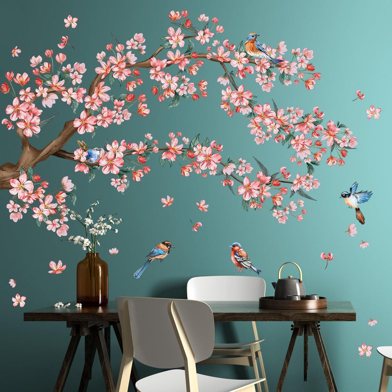 DRWSSR 2Sheets Removable Pink Flower Tree Branch Wall Decals DIY Cherry Blossom Tree Branch Wall Decals Vinyl Birds Wall Sticker Petals Falling Home Decor for Girls Bedroom Living Room Bathroom Decor - Image 3
