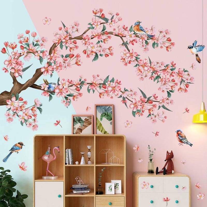 DRWSSR 2Sheets Removable Pink Flower Tree Branch Wall Decals DIY Cherry Blossom Tree Branch Wall Decals Vinyl Birds Wall Sticker Petals Falling Home Decor for Girls Bedroom Living Room Bathroom Decor - Image 4