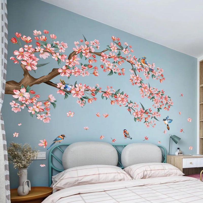 DRWSSR 2Sheets Removable Pink Flower Tree Branch Wall Decals DIY Cherry Blossom Tree Branch Wall Decals Vinyl Birds Wall Sticker Petals Falling Home Decor for Girls Bedroom Living Room Bathroom Decor - Image 1