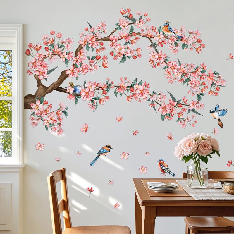 DRWSSR 2Sheets Removable Pink Flower Tree Branch Wall Decals DIY Cherry Blossom Tree Branch Wall Decals Vinyl Birds Wall Sticker Petals Falling Home Decor for Girls Bedroom Living Room Bathroom Decor - Image 2