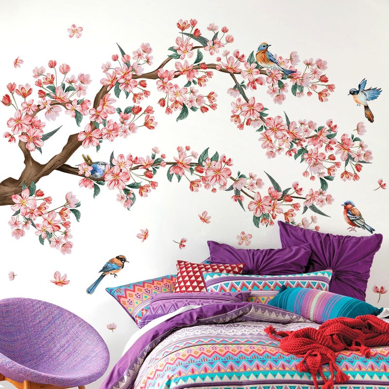 DRWSSR 2Sheets Removable Pink Flower Tree Branch Wall Decals DIY Cherry Blossom Tree Branch Wall Decals Vinyl Birds Wall Sticker Petals Falling Home Decor for Girls Bedroom Living Room Bathroom Decor - Image 5