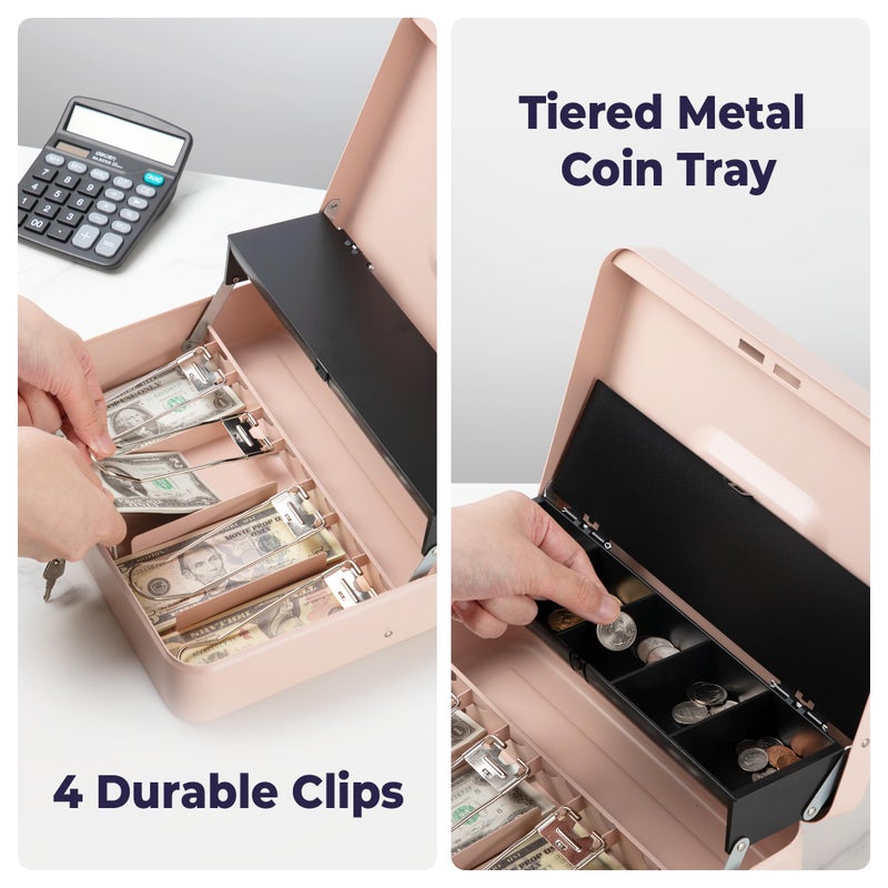 Volcora Large Cash Box with Key Lock, Metal Money Box for Cash, Portable Locking Safe Box with Money Tray, Durable Money Saving Organizer for Yard Sale, Garage Sale, Small Business, Rose Gold - Image 4
