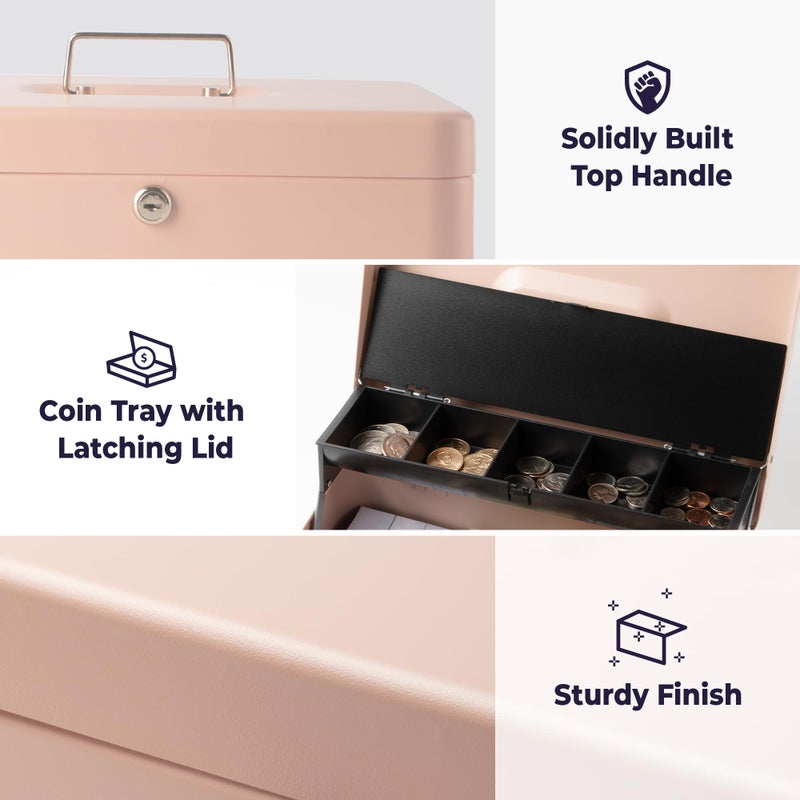 Volcora Large Cash Box with Key Lock, Metal Money Box for Cash, Portable Locking Safe Box with Money Tray, Durable Money Saving Organizer for Yard Sale, Garage Sale, Small Business, Rose Gold - Image 2