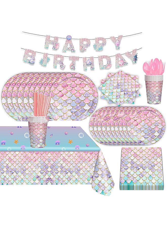 Goodern 92 PCS Mermaid Party Supplies Set,Kids Birthday Party Tableware Mermaids Party Decor with Plate Napkin/Cup/Plate/Fork Etc,Birthday/Wedding Party Set Ocean-Themed Disposable Dinnerware Set - Image 1
