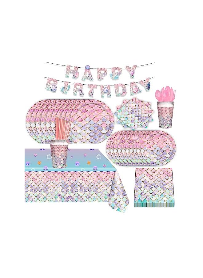 Goodern 92 PCS Mermaid Party Supplies Set,Kids Birthday Party Tableware Mermaids Party Decor with Plate Napkin/Cup/Plate/Fork Etc,Birthday/Wedding Party Set Ocean-Themed Disposable Dinnerware Set - Image 2