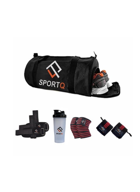 A set of multiple products from SportQ that helps you in exercising, a large bag, a pocket for carrying shoes, a dock, a protein shaker, a tensioner for lifting weights, and a weightlifting knee.