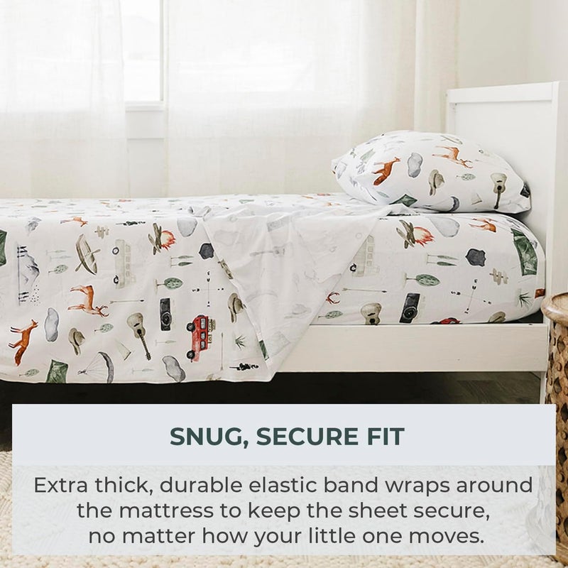 Pobibaby Pobi Baby  Premium Twin Fitted Sheet Flat Sheet with Pillow case  UltraSoft Cotton Blend Stylish Woodland Pattern Deep Pockets  Twins Sheets  3 PC Explore  - Image 4