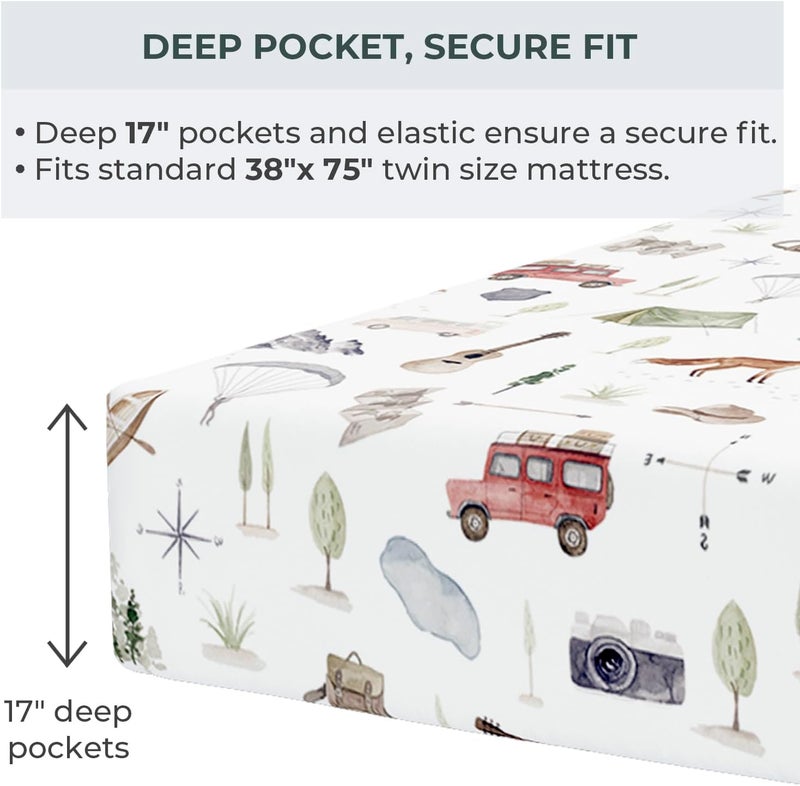 Pobibaby Pobi Baby  Premium Twin Fitted Sheet Flat Sheet with Pillow case  UltraSoft Cotton Blend Stylish Woodland Pattern Deep Pockets  Twins Sheets  3 PC Explore  - Image 3