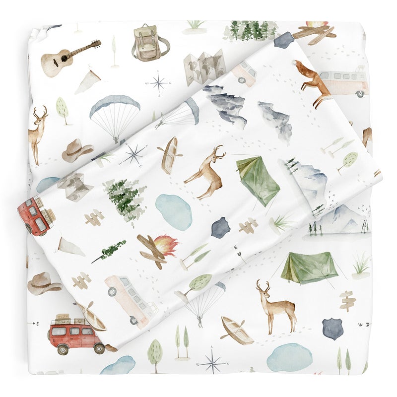 Pobibaby Pobi Baby  Premium Twin Fitted Sheet Flat Sheet with Pillow case  UltraSoft Cotton Blend Stylish Woodland Pattern Deep Pockets  Twins Sheets  3 PC Explore  - Image 1