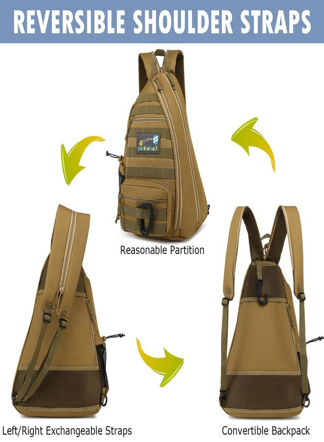 SunForMorning Pickleball Bag, Tactical Pickleball Backpack for Women Men, Adjustable Sling Bag with Fence Hook Water Bottle (Includes 2 Patches+1Carabiner), Brown - Image 3