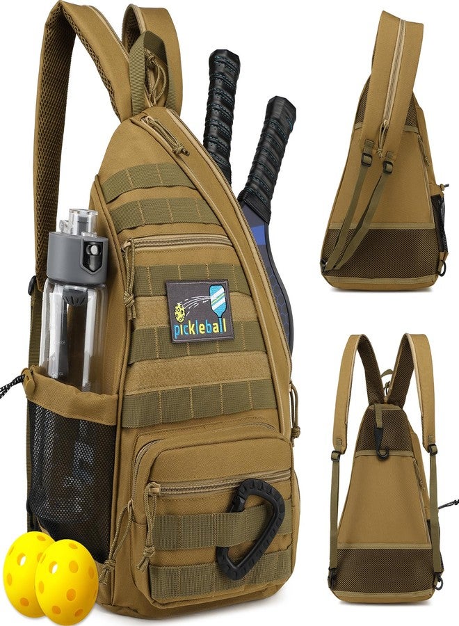 SunForMorning Pickleball Bag, Tactical Pickleball Backpack for Women Men, Adjustable Sling Bag with Fence Hook Water Bottle (Includes 2 Patches+1Carabiner), Brown - Image 1
